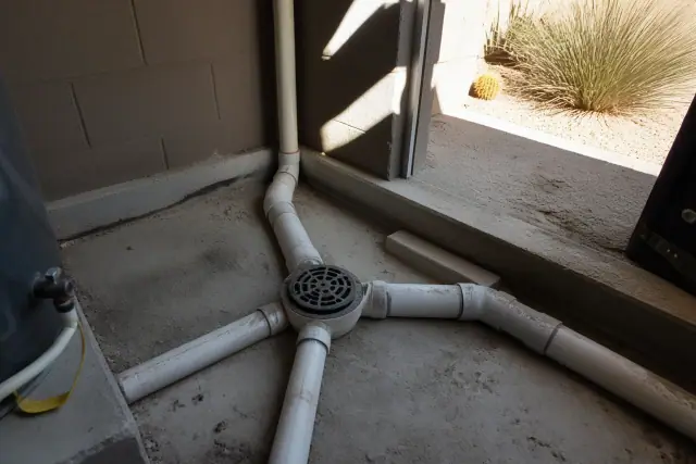 PVC drainage pipe junction in an industrial utility room in Chandler, AZ.