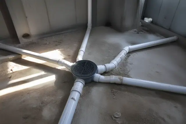 Intersecting PVC drainage pipes leading to a central floor drain in an industrial basement in Phoenix, AZ.