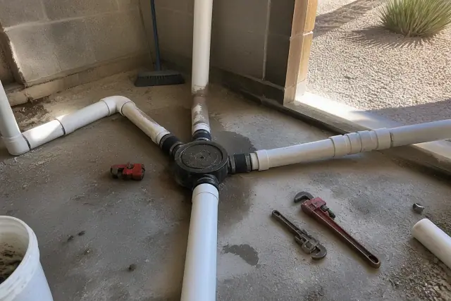 Technician photo of intersecting PVC drainage pipes and a floor drain assembly in a Goodyear, AZ utility room.