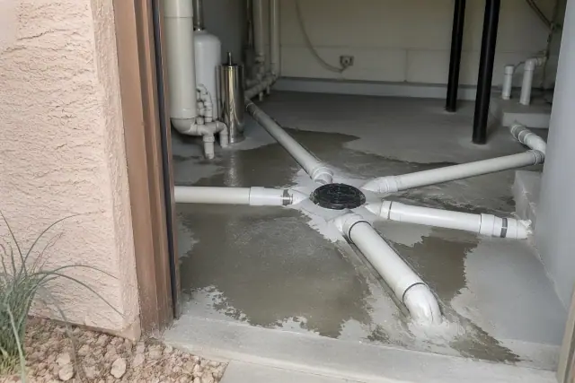PVC drainage pipes connected to a central floor drain in a utility room with desert landscaping outside in Scottsdale, AZ.