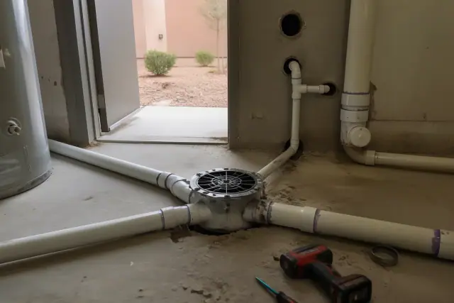 PVC drainage pipes and floor drain assembly in a commercial utility room with exterior desert landscaping in Mesa, AZ.
