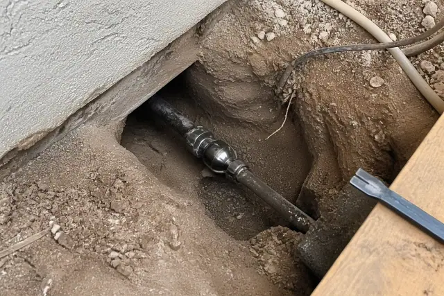 Hydraulic bursting head in a trenchless sewer repair pit at a job site in Phoenix, AZ.