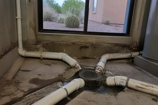 Intersecting PVC drainage pipes and a floor drain in a utility room in Tempe, AZ.
