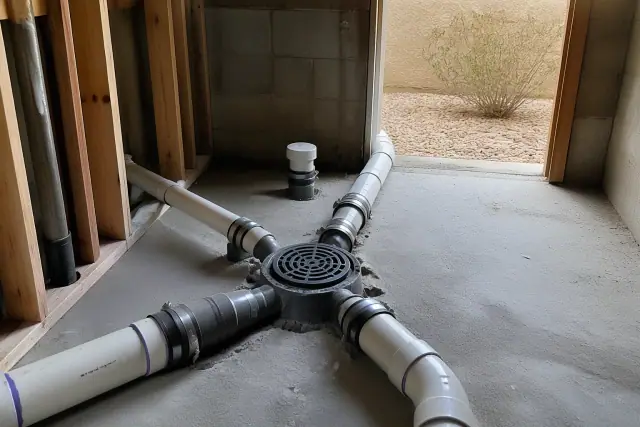 PVC drainage pipes and floor drain in a commercial utility room at a jobsite in Gilbert, AZ.