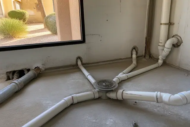 PVC drainage pipes leading to a central floor drain in an industrial basement utility room in Peoria, AZ.