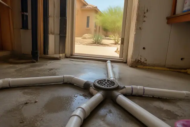 PVC drainage pipe junction installed in a utility room floor in Avondale, AZ, with a desert landscape seen through a doorway.