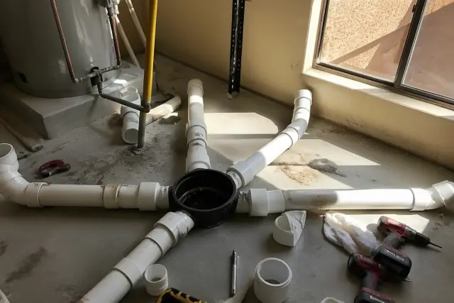 Maintenance of industrial PVC sewer pipes and floor drain in a Glendale, AZ utility room.