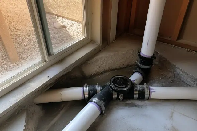 Newly installed PVC pipe junction with rubber couplings in a utility room in Surprise, AZ.