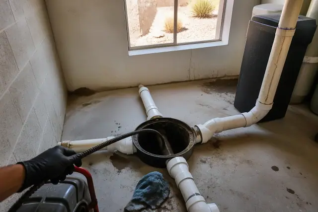 PVC drainage pipes and floor drain in a Phoenix, AZ utility room during a main sewer line cleaning service.