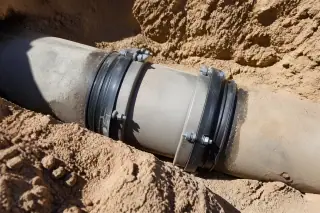 Underground pipe coupling with heavy-duty rubberized gaskets in sun-bleached desert soil at a Phoenix, AZ jobsite.