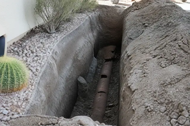 Deep trench showing a cracked terra cotta pipe in compacted soil during a sewer repair project in Phoenix, AZ.