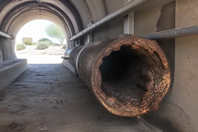 Corroded cast-iron lateral pipe with structural pitting inside a concrete maintenance tunnel in Phoenix, AZ.