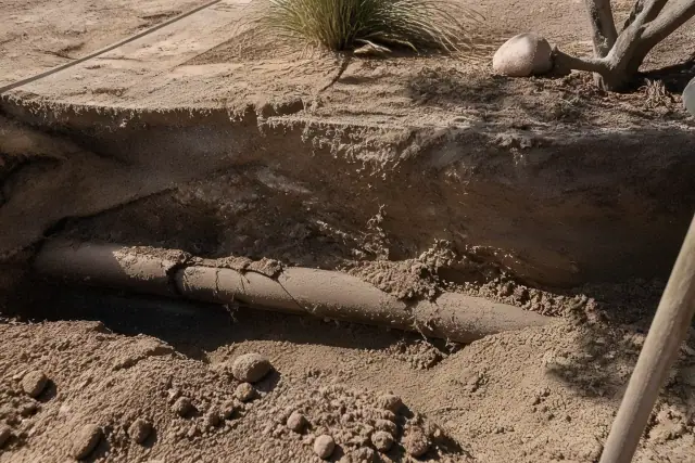 Cracked clay pipe with root intrusion in a trench next to a stucco wall in Phoenix, AZ.