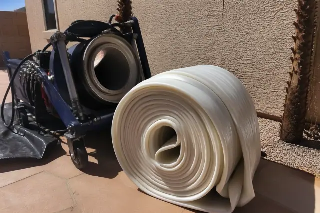 Resin-coated Cured-in-Place Pipe liner coiled at a sewer line replacement jobsite in Phoenix, AZ.