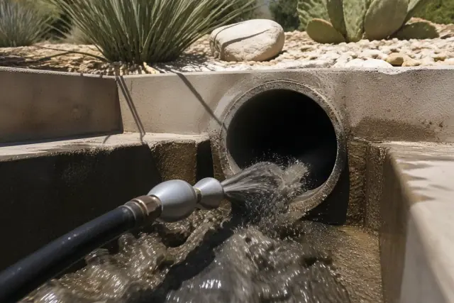 Hydro-jetting nozzle clearing debris from an industrial sewer pipe in Tempe, AZ.