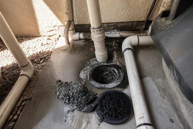 PVC drainage pipes and debris at a sewer cleaning job in a basement in Mesa, AZ.