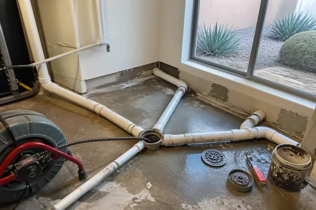 PVC drainage pipes and floor drain in an Avondale, AZ basement utility room after cleaning.