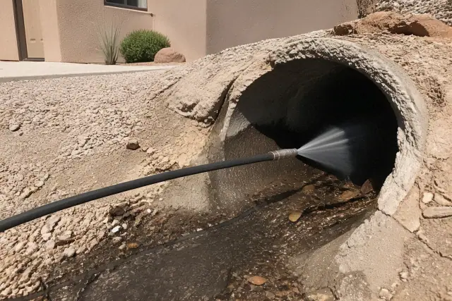 Hydro-jetting nozzle clearing debris from an industrial drainage pipe at a job site in Peoria, AZ.