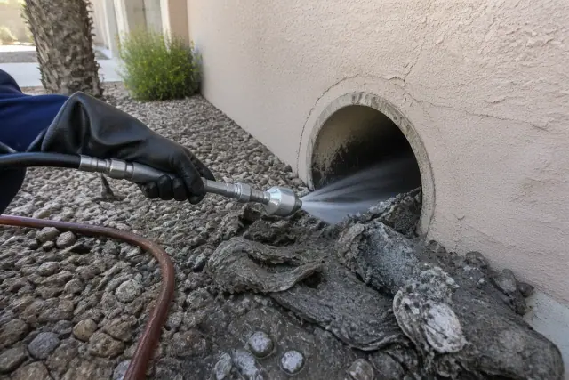Technician performing hydro-jet drain cleaning on an industrial pipe in Glendale, AZ.