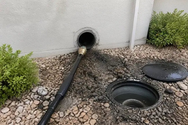 High-pressure hose nozzle and flushed debris at an open sewer cleanout at a home in Surprise, AZ.