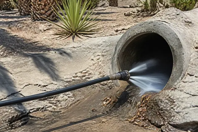 High-pressure hose nozzle clearing debris from a drain pipe in Scottsdale, AZ.