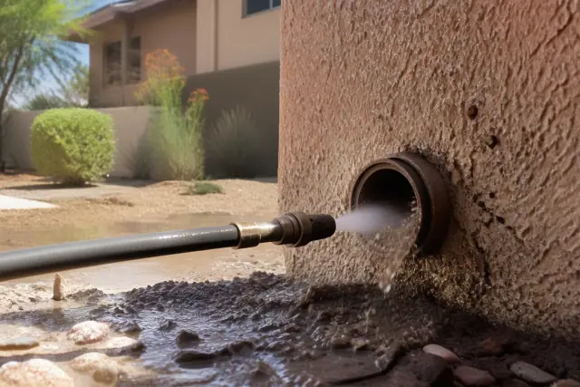 High pressure hydro-jetting hose clearing debris from a residential drainage pipe in Chandler, AZ.