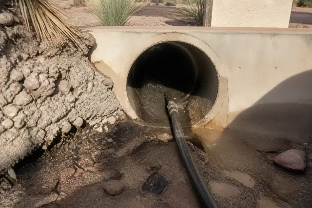 Hydro-jetting equipment clearing debris from an industrial sewer pipe in Goodyear, AZ with desert landscaping.