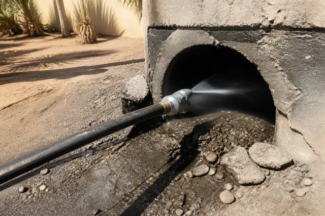 High-pressure hose nozzle clearing debris from an industrial drain pipe at a jobsite in Phoenix, AZ.