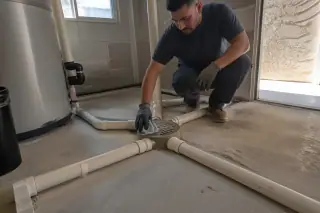 Technician cleaning a floor drain grate near intersecting PVC pipes in a Phoenix, AZ utility room.