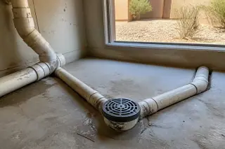 Cleaned PVC drainage pipes leading into a floor drain in a Phoenix, AZ utility room.