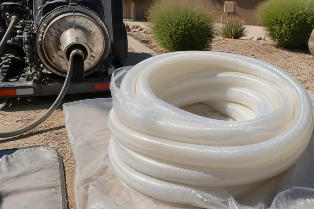 Epoxy resin CIPP liner coiled near a hydraulic inversion machine at a pipe lining jobsite in Phoenix, AZ.