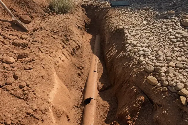Deep trench excavation revealing cracked terra cotta drainage pipes in Phoenix, AZ, surrounded by red desert soil.