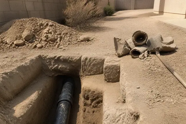New HDPE pipe installed in a residential sewer trench in Phoenix, AZ with fractured pipe pieces in the soil.