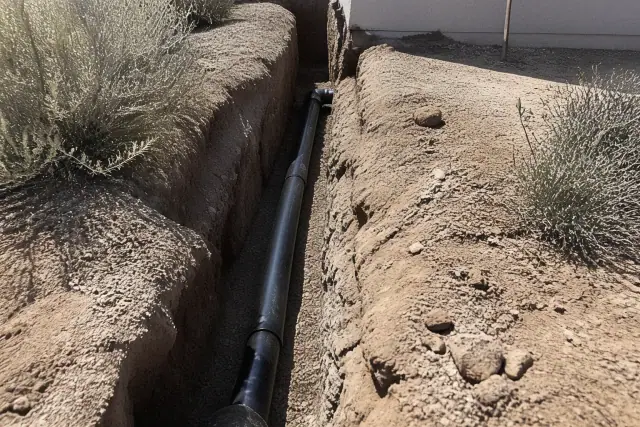 New HDPE pipe installed in a deep trench during a sewer line replacement project in Phoenix, AZ.