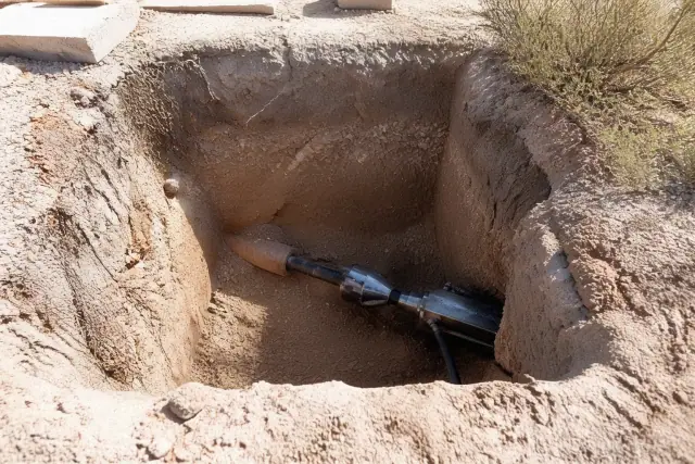 Hydraulic bursting head in a trenchless pipe repair pit at a jobsite in Phoenix, AZ.