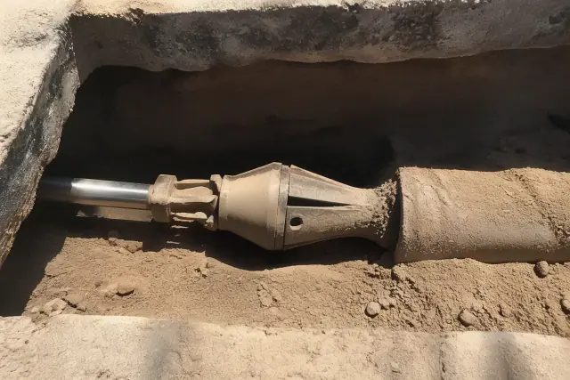 Hydraulic pipe bursting head in an open entry pit during a sewer line replacement in Phoenix, AZ.