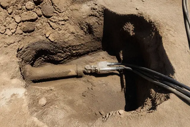 Hydraulic pipe bursting equipment in a trenchless sewer repair pit in Phoenix, AZ.