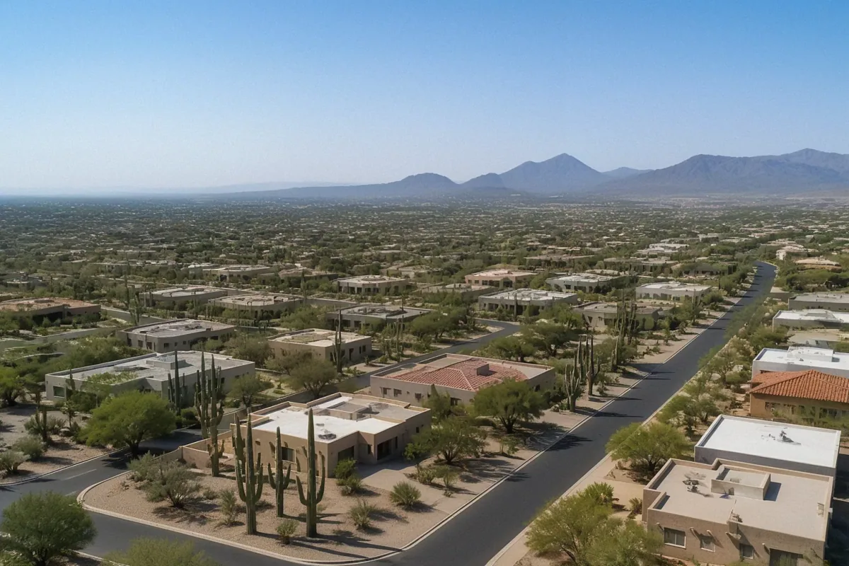 Aerial view of residential neighborhoods with desert landscaping and Saguaro cacti in Phoenix, AZ at golden hour.