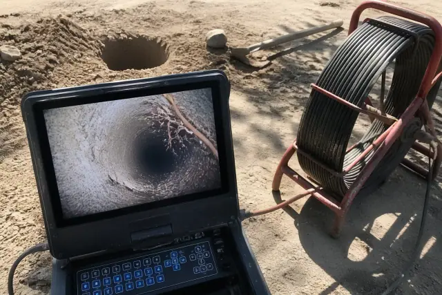 Sewer camera inspection monitor showing pipe damage at a job site in Phoenix, AZ.