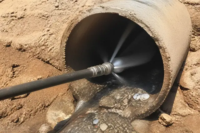 High-pressure hydro jetting nozzle clearing debris from a sewer pipe at a jobsite in Phoenix, AZ.