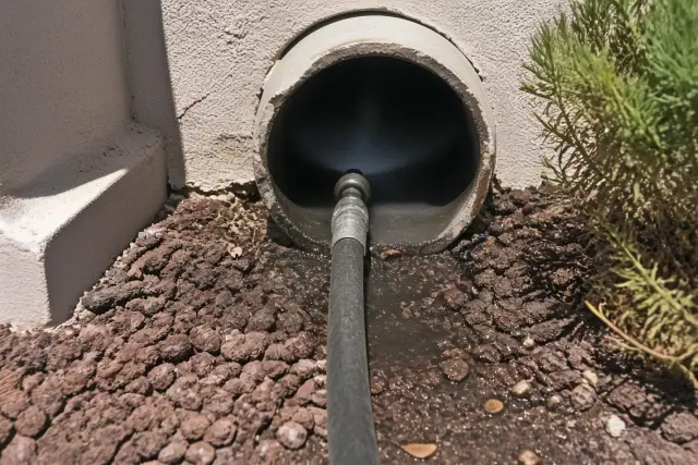 High-pressure hose nozzle clearing debris from an industrial drainage pipe at a worksite in Tempe, AZ.