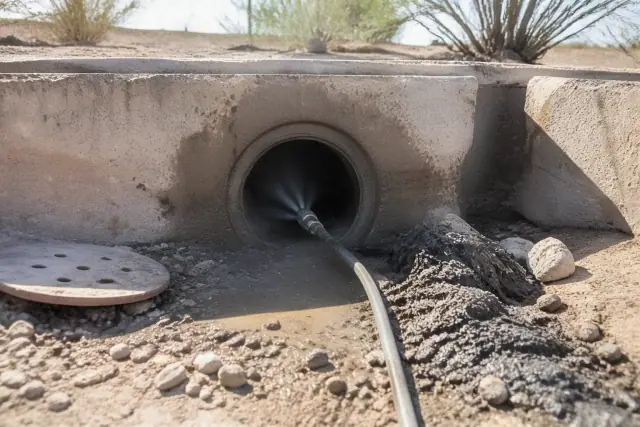 Hydro jetting hose cleaning an industrial sewer pipe in Phoenix, AZ, with debris clearance on a dusty worksite.