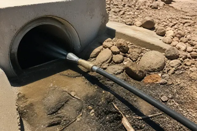 Hydro jetting hose cleaning an industrial pipe with debris in Phoenix, AZ.