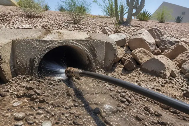 High-pressure hose nozzle clearing debris from an industrial drain pipe at a worksite in Mesa, AZ.