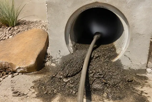 High-pressure hose nozzle clearing debris from an industrial drainage pipe at a job site in Scottsdale, AZ.