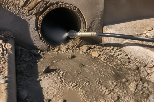 High-pressure water nozzle clearing debris from an industrial drainage pipe at a jobsite in Avondale, AZ.