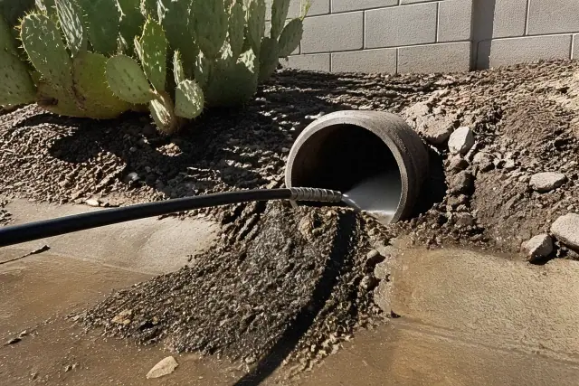 Hydro jetting equipment clearing debris from a residential drainage pipe in Gilbert, AZ.