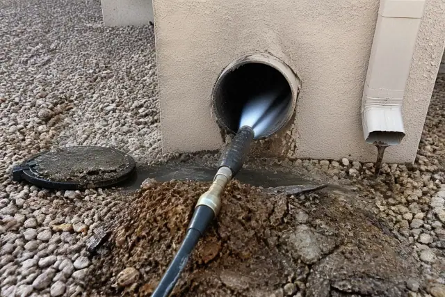 High-pressure hydro jetting hose clearing debris from a drain pipe at a jobsite in Peoria, AZ.