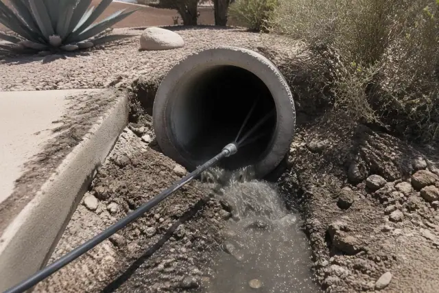 Hydro jetting nozzle clearing debris from an industrial pipe at a residential site in Goodyear, AZ.