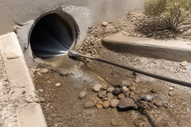 Hydro jetting nozzle cleaning an industrial sewer pipe in a gravel yard in Glendale, AZ.
